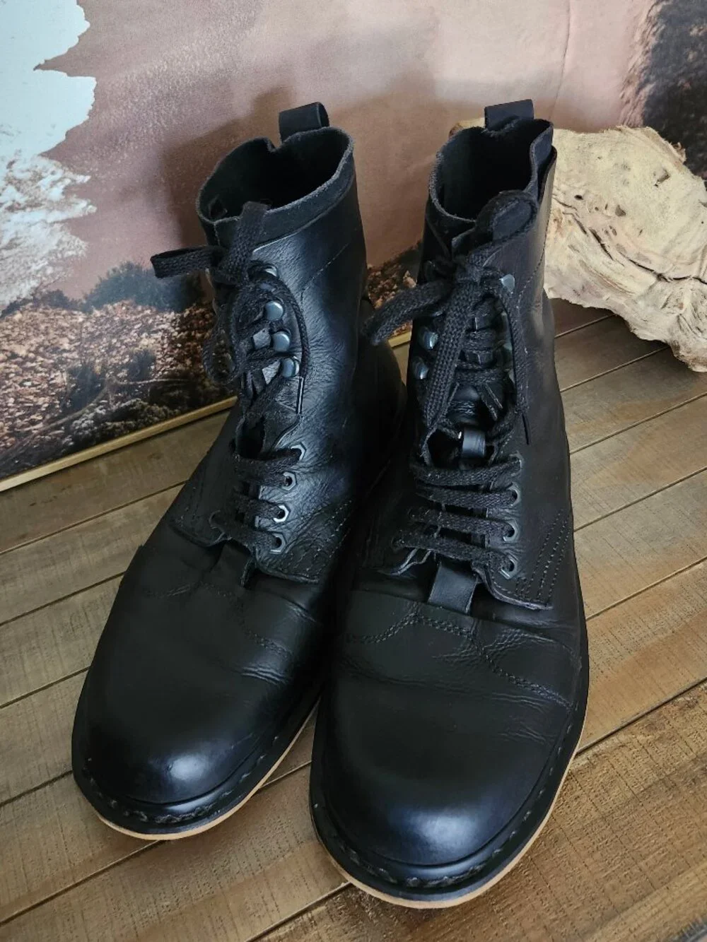 DR. MARTENS Black Pier Polished Wyoming Suede/Leather Cap Toe Boots Men's 11